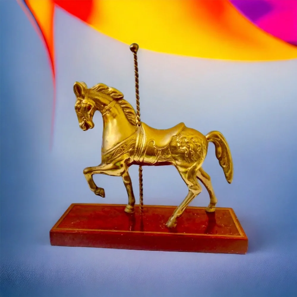 Solid Brass Carousel Horse Figurine Wood Base Merry-Go-Round